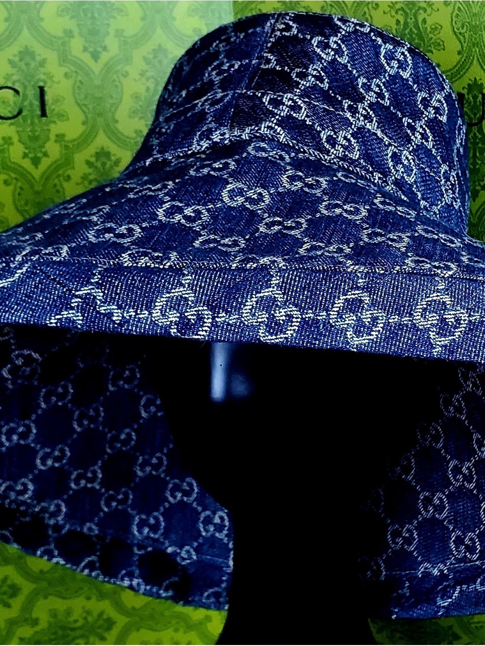Denim Monogram Large Brim Bucket Hat Jacquard Navy Blue Canvas Sun Beach - Picture 5 of 13